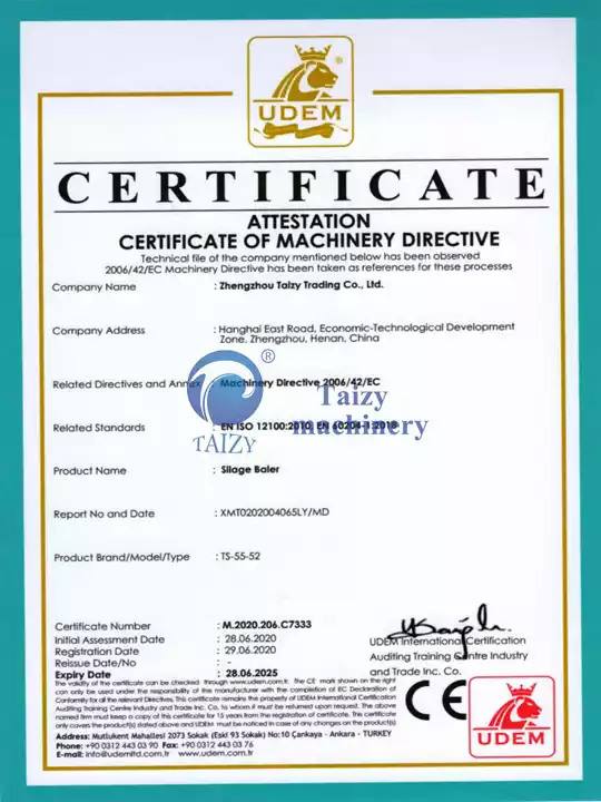 certificado de máquina envolvedora de fardos